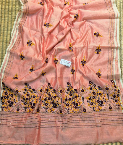 Cotton Galleria | Rosy Peach Phulkari Hand Embroidery Chanderi Cotton-Silk Saree