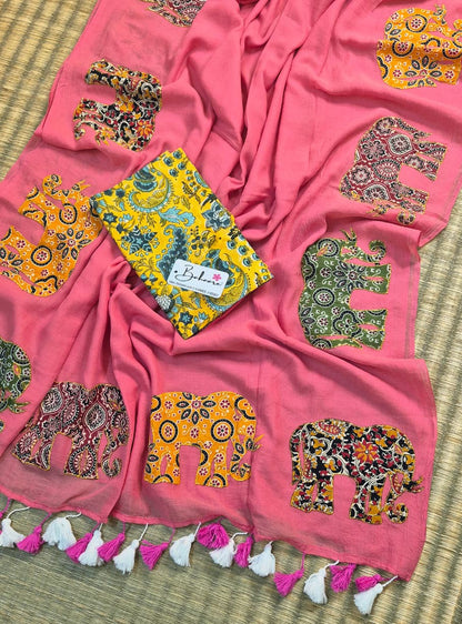 Cotton Galleria | Flamingo Pink Cotton Saree with Multicoloured Patchwork Pallu