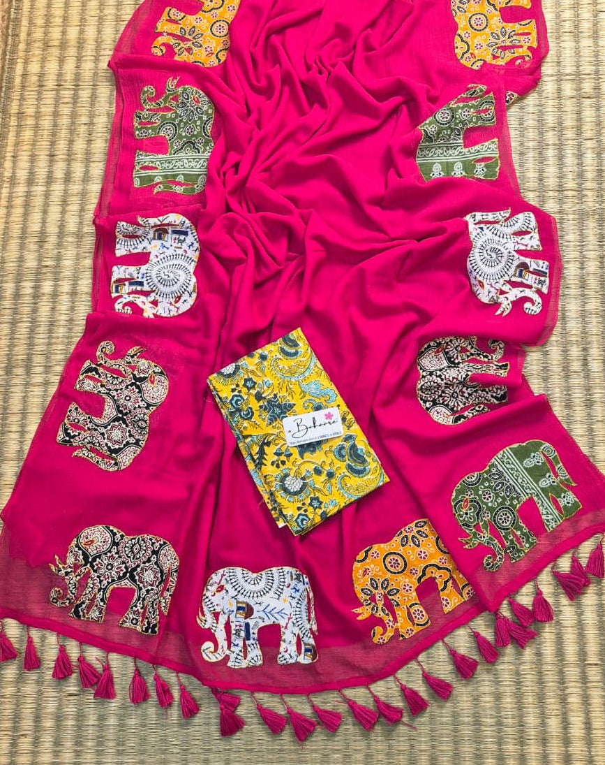 Cotton Galleria | Deep Rani Pink Cotton Saree with Multicoloured Patchwork Pallu