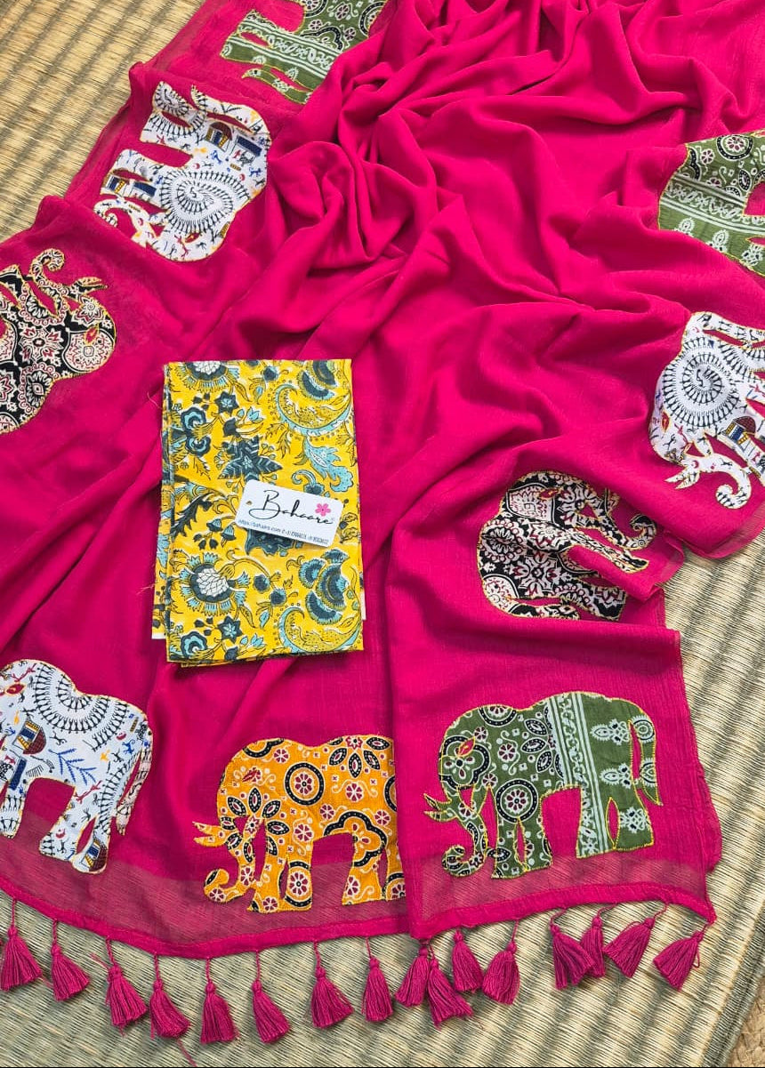 Cotton Galleria | Deep Rani Pink Cotton Saree with Multicoloured Patchwork Pallu