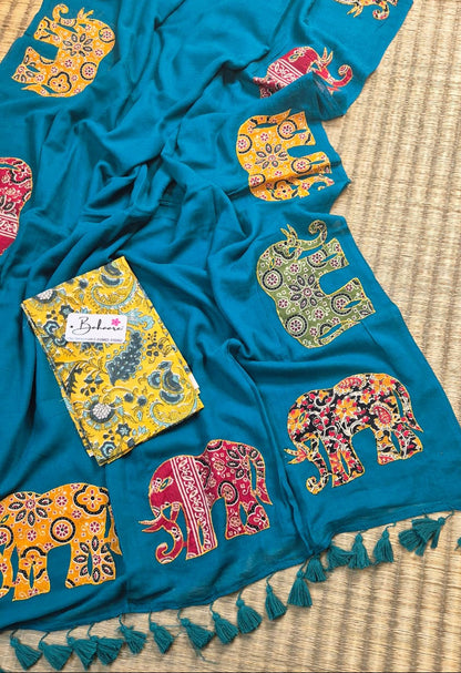 Cotton Galleria | Mor Pankh Green Cotton Saree with Multicoloured Patchwork Pallu