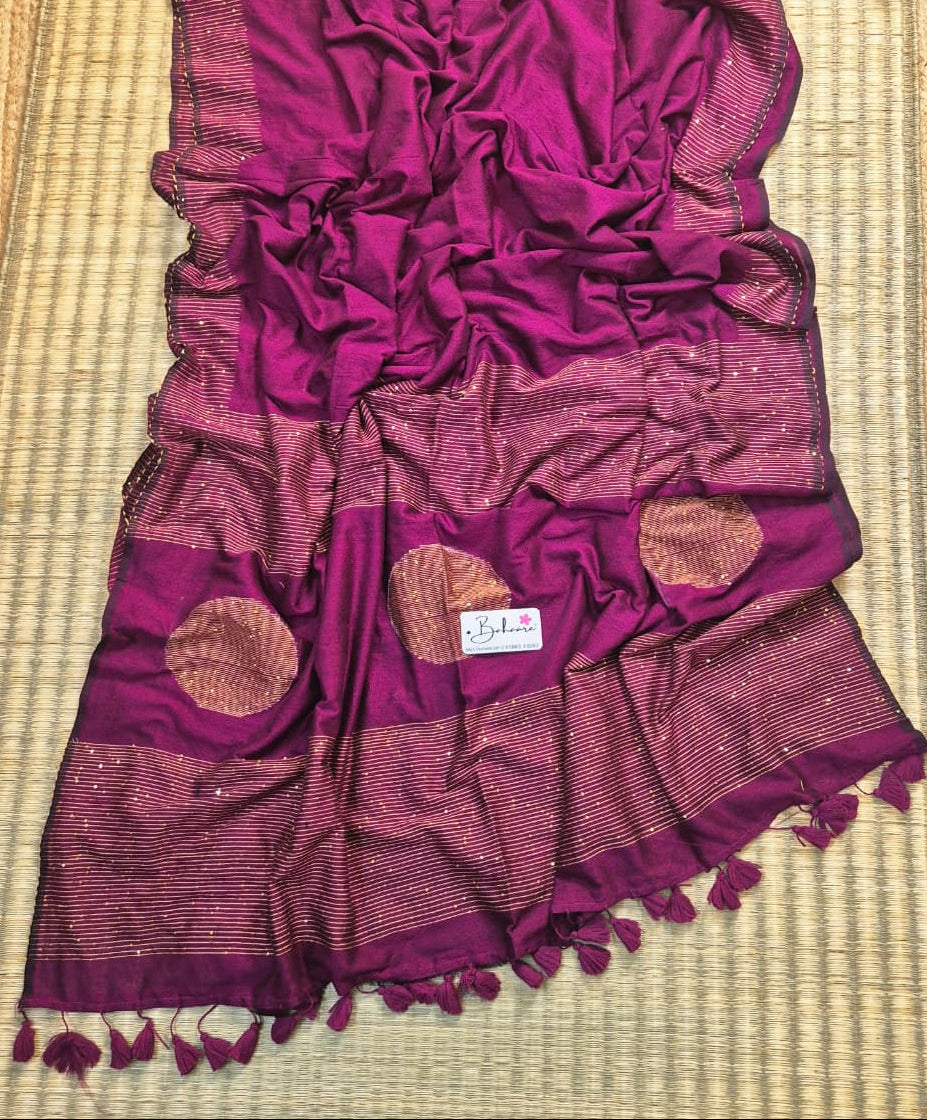 Cotton Galleria | Royal Magenta Acrylic Cotton Saree with Sequence Pallu