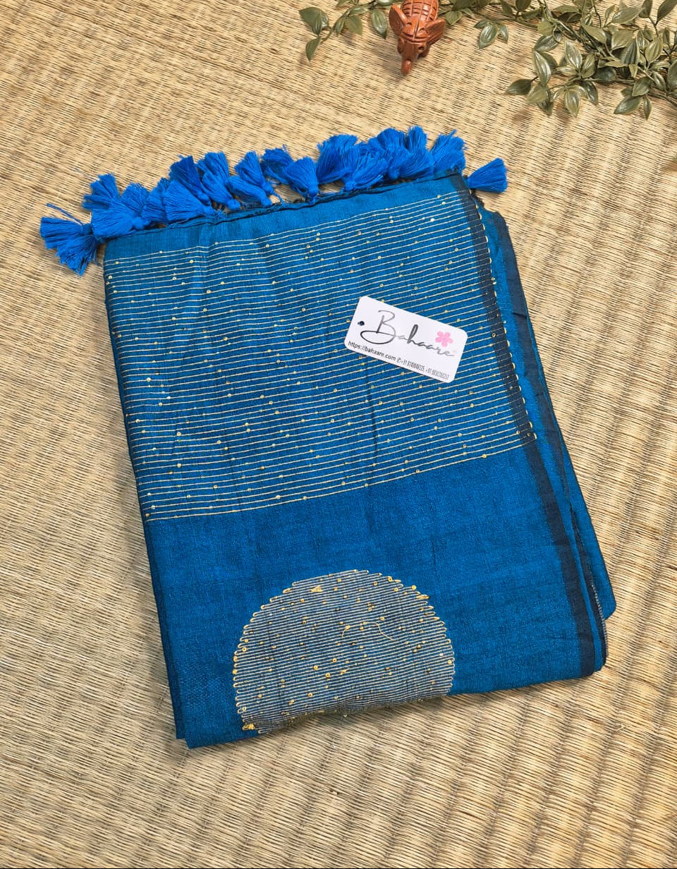 Cotton Galleria | Peacock Blue Acrylic Cotton Saree with Sequence Pallu