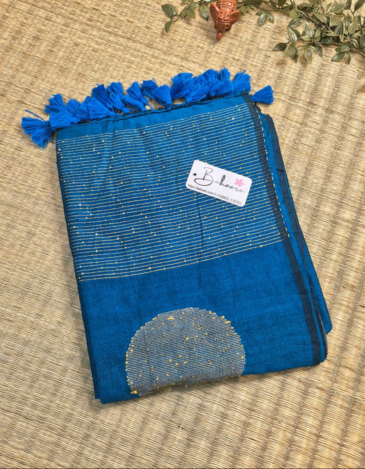 Cotton Galleria | Peacock Blue Acrylic Cotton Saree with Sequence Pallu