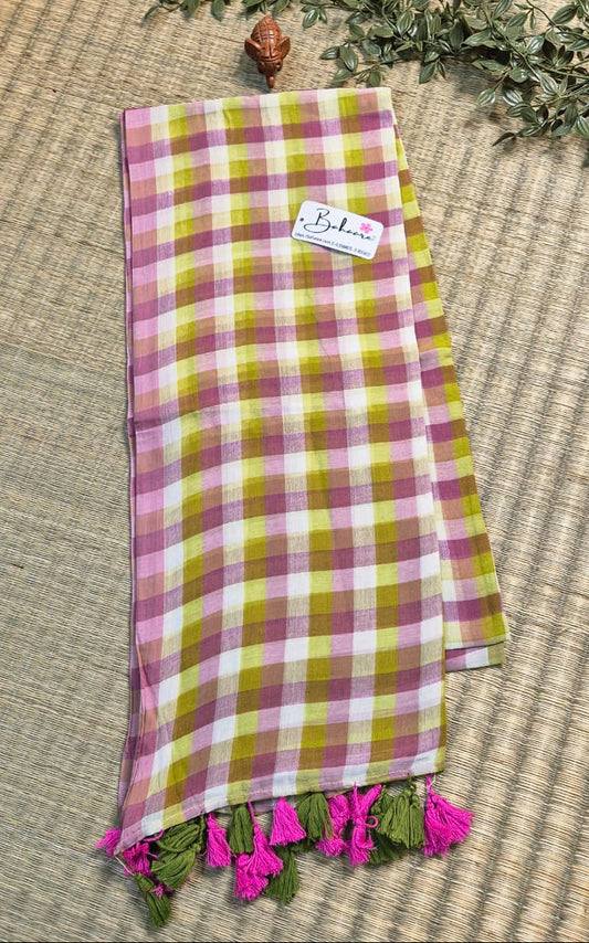 Mohini | Green Multicoloured Check Mul Mul Cotton Saree