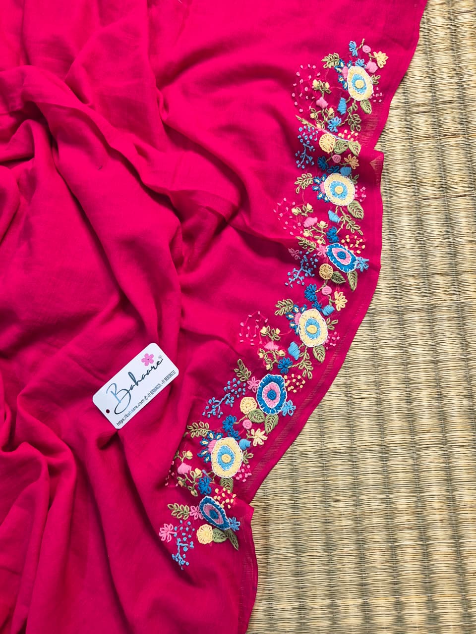 Mohini | Fuchsia Pink Mul Mul Cotton Saree with Handcrafted Bullion Stich on Front Top Part