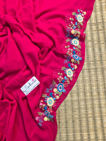 Mohini | Fuchsia Pink Mul Mul Cotton Saree with Handcrafted Bullion Stich on Front Top Part