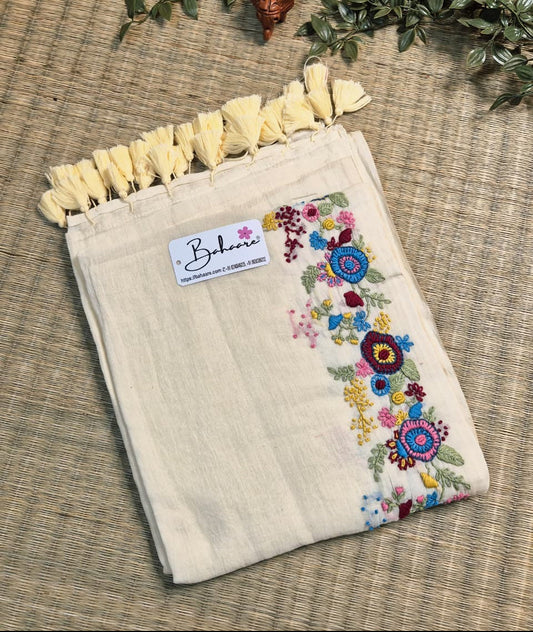 Mohini | Royal Cream Mul Mul Cotton Saree with Handcrafted Bullion Stich on Front Top Part