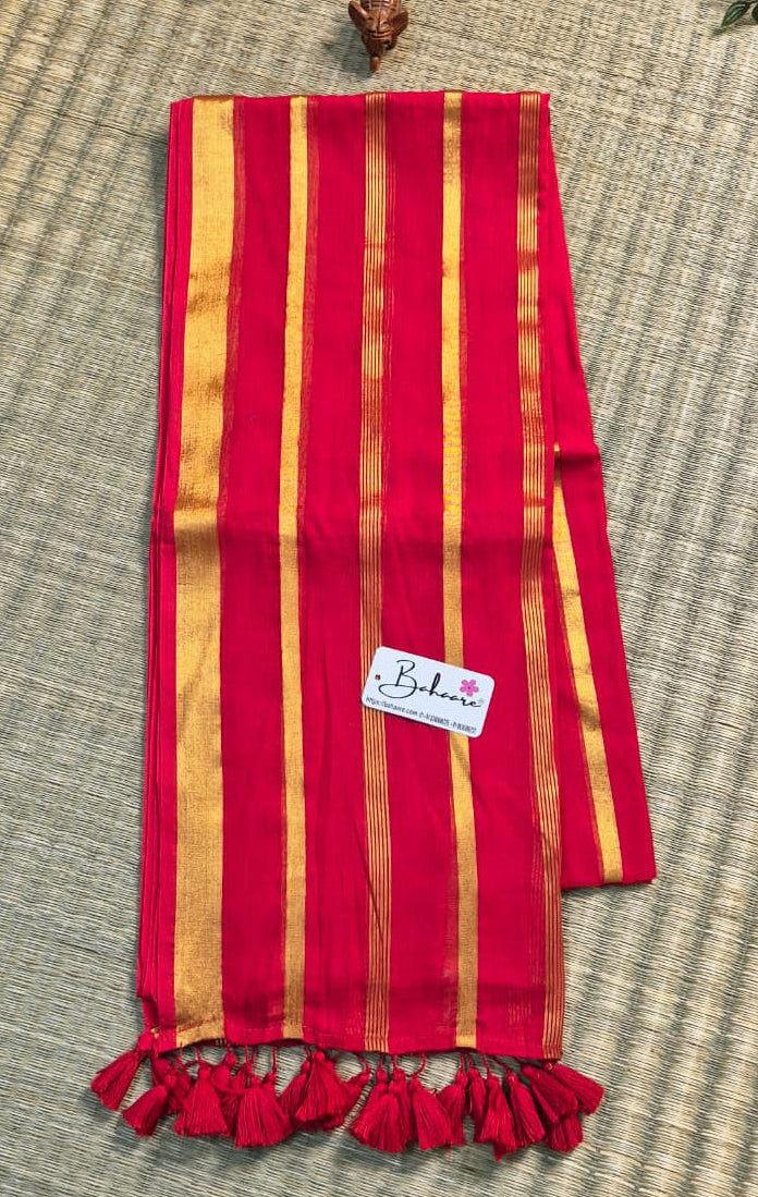 Noor | Kumkum Red Mul Mul Cotton Saree with Zari Lines