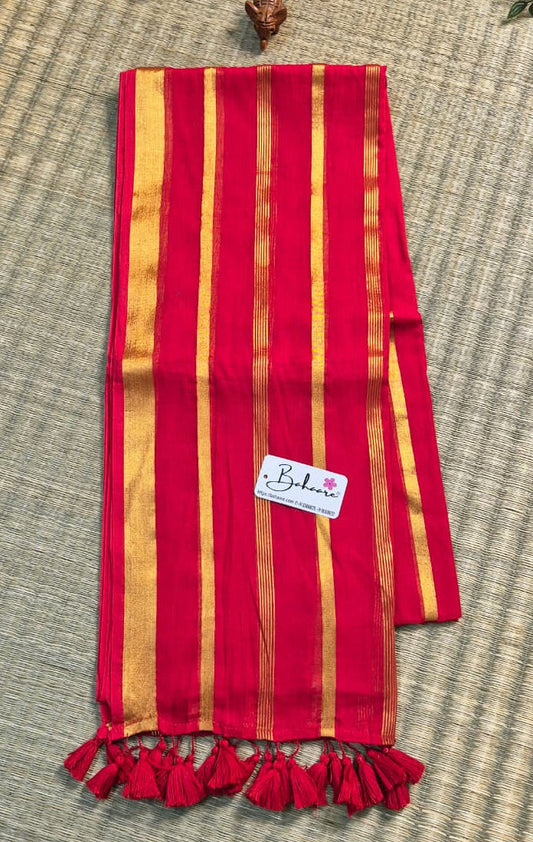 Noor | Kumkum Red Mul Mul Cotton Saree with Zari Lines