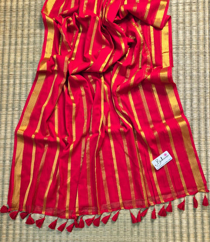 Noor | Kumkum Red Mul Mul Cotton Saree with Zari Lines