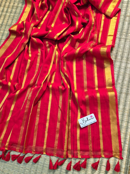Noor | Kumkum Red Mul Mul Cotton Saree with Zari Lines