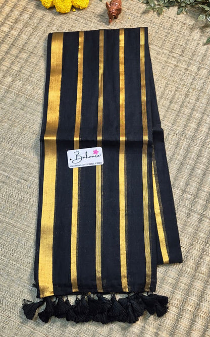 Noor | Dark Black Mul Mul Cotton Saree with Zari Lines