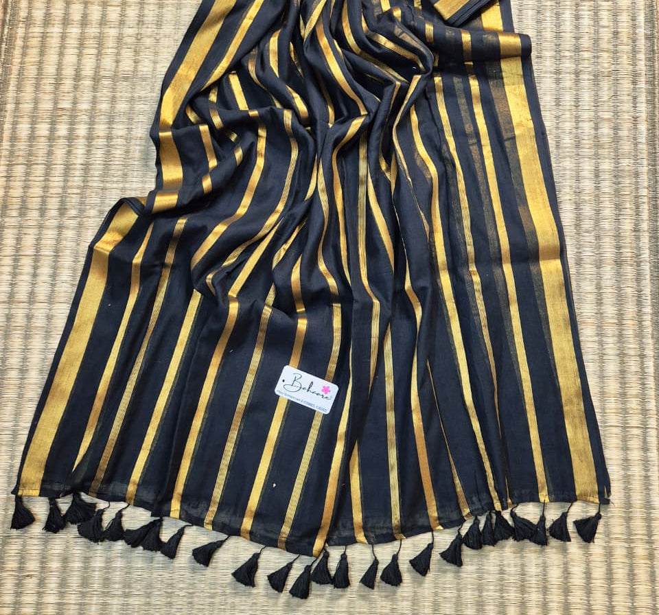Noor | Dark Black Mul Mul Cotton Saree with Zari Lines