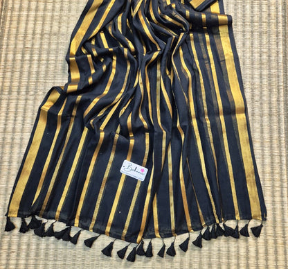 Noor | Dark Black Mul Mul Cotton Saree with Zari Lines