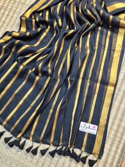 Noor | Dark Black Mul Mul Cotton Saree with Zari Lines