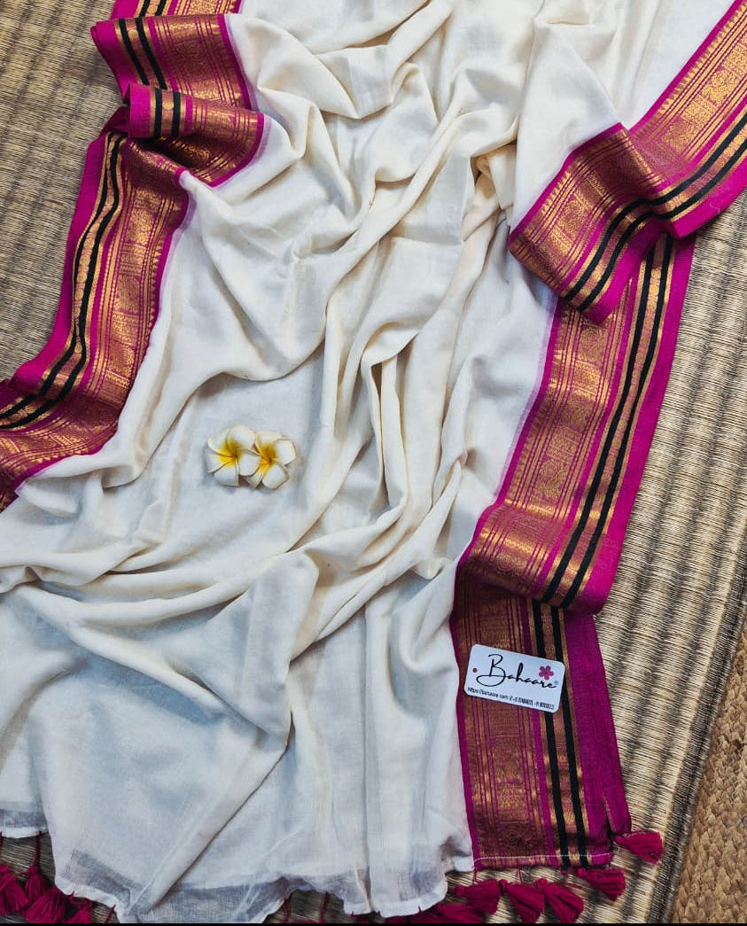 Noor | Pearl Glow Mul Mul Cotton Saree with Pink and Golden Zari Border