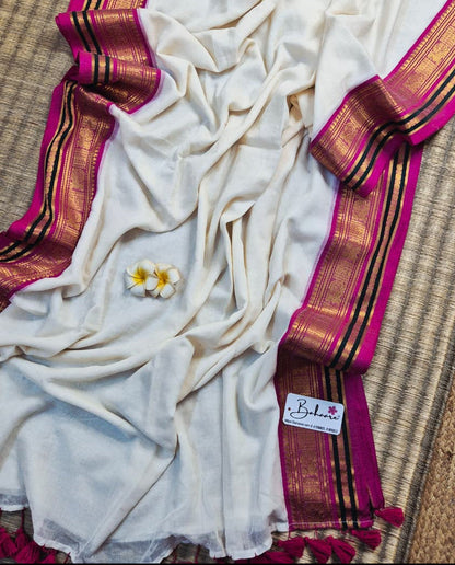 Noor | Pearl Glow Mul Mul Cotton Saree with Pink and Golden Zari Border