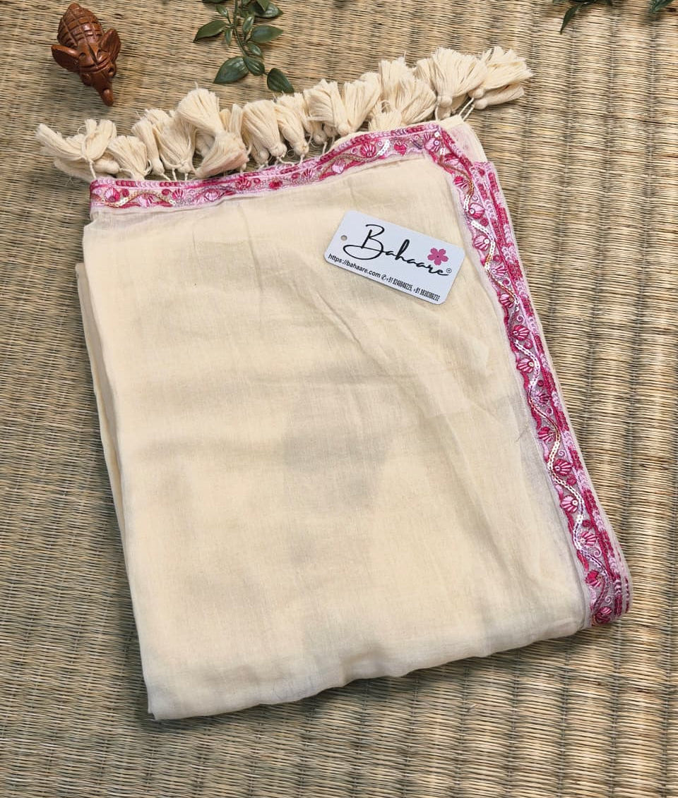 Mohini | Ivory Grace Mul Mul Cotton Saree with Designer Lace