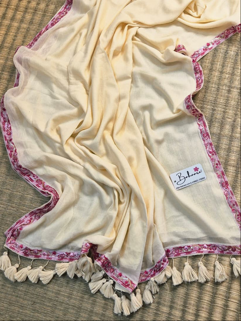 Mohini | Ivory Grace Mul Mul Cotton Saree with Designer Lace