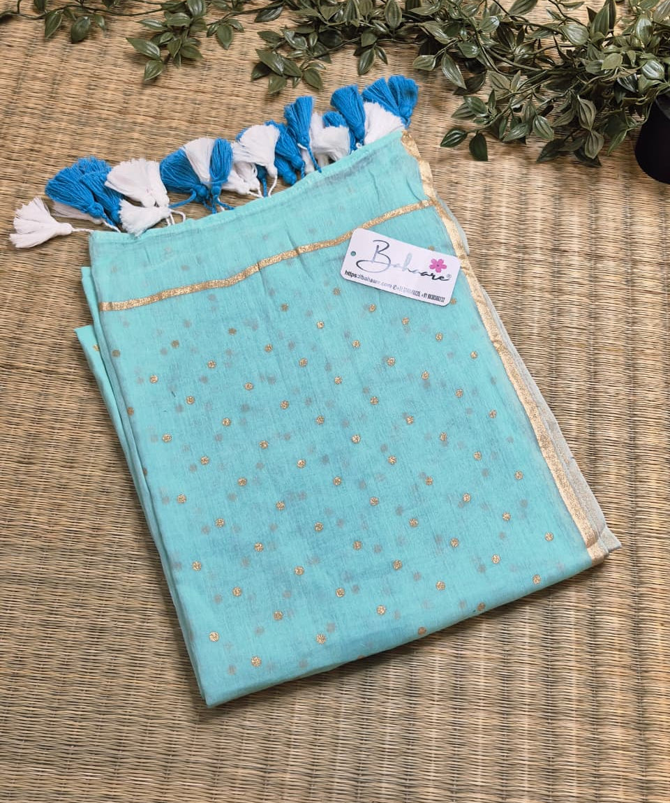 Polka Passion | Turquoise Blue Mul Mul Cotton Saree with Golden Polka Dots
