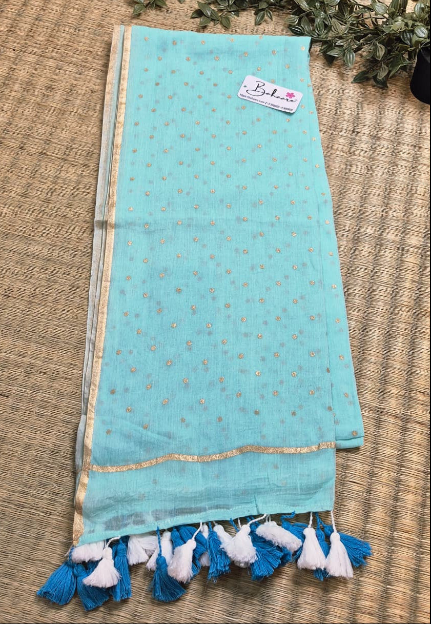 Polka Passion | Turquoise Blue Mul Mul Cotton Saree with Golden Polka Dots