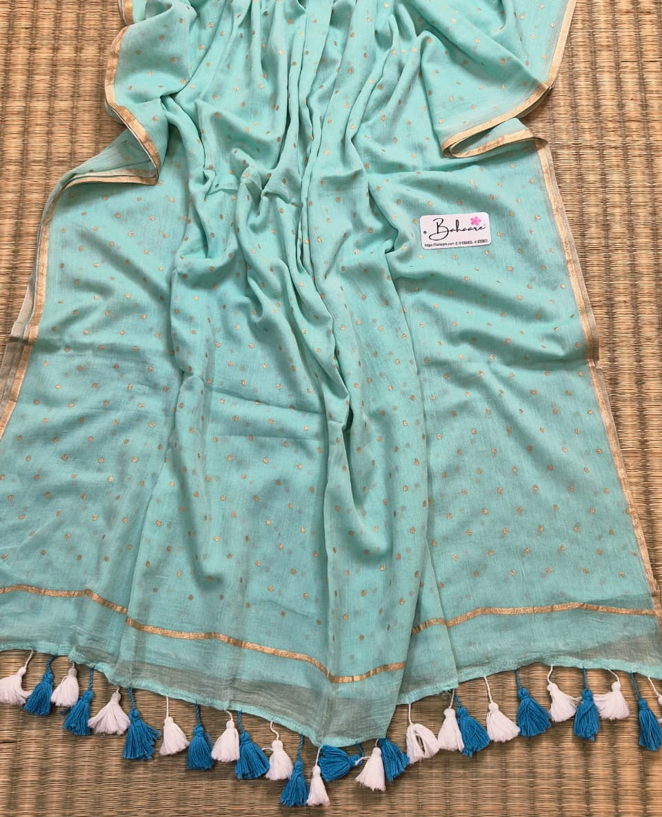 Polka Passion | Turquoise Blue Mul Mul Cotton Saree with Golden Polka Dots