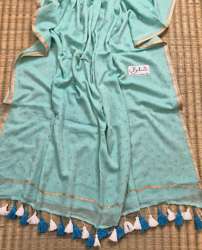 Polka Passion | Turquoise Blue Mul Mul Cotton Saree with Golden Polka Dots