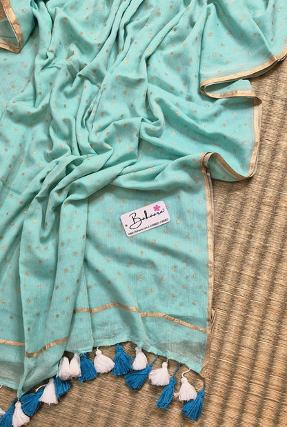 Polka Passion | Turquoise Blue Mul Mul Cotton Saree with Golden Polka Dots