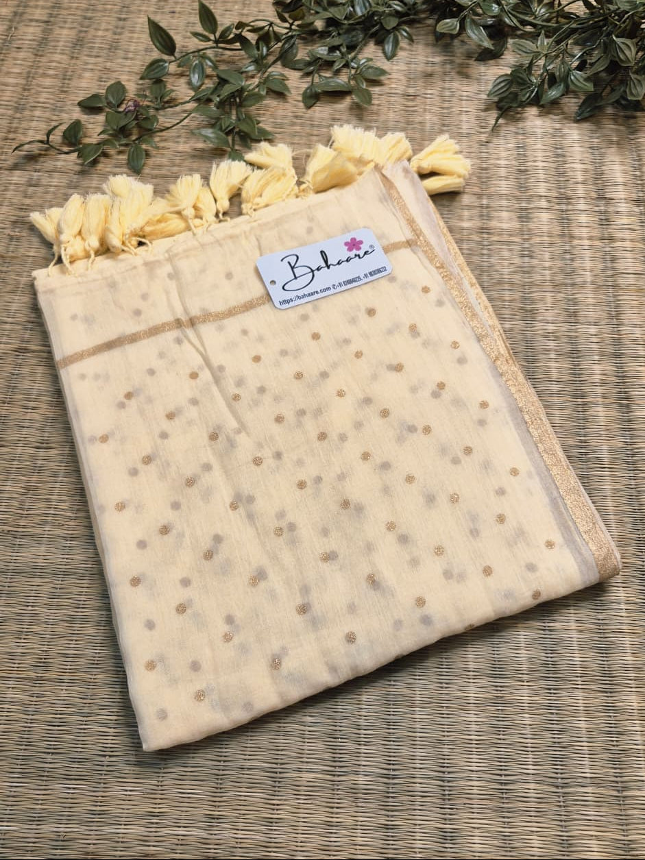 Polka Passion | Latte Cream Mul Mul Cotton Saree with Golden Polka Dots