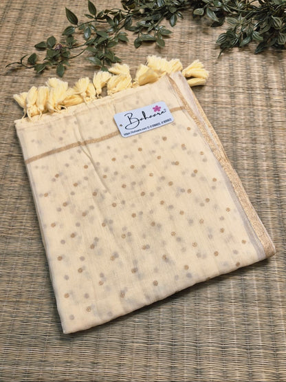 Polka Passion | Latte Cream Mul Mul Cotton Saree with Golden Polka Dots