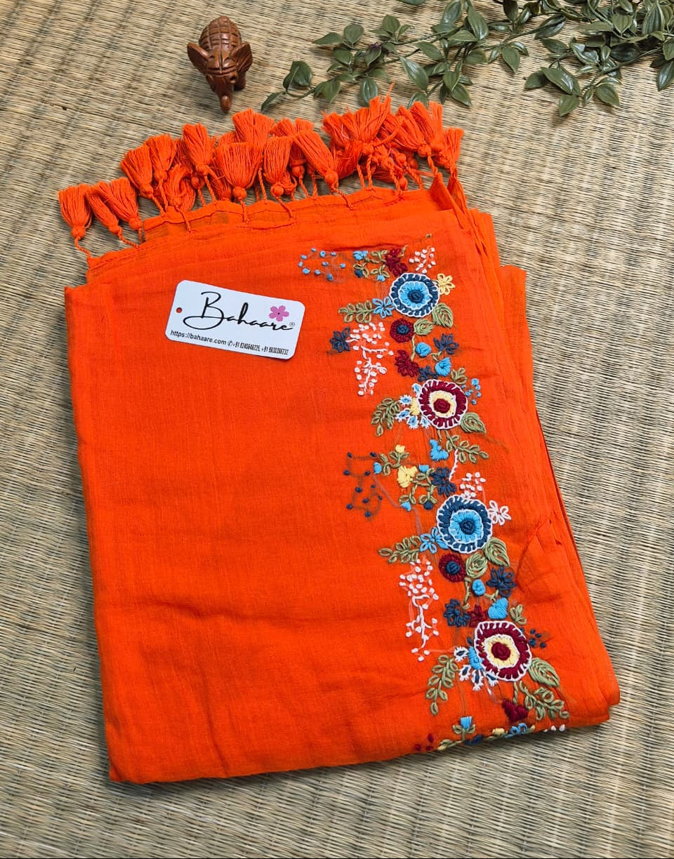 Mohini | Dark Orange Mul Mul Cotton Saree with Handcrafted Bullion Stich on Front Top Part