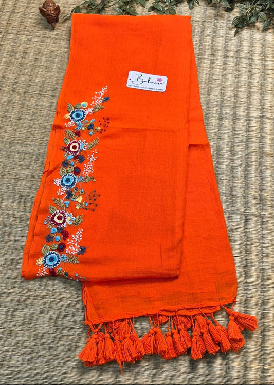 Mohini | Dark Orange Mul Mul Cotton Saree with Handcrafted Bullion Stich on Front Top Part