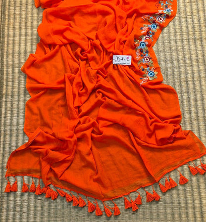 Mohini | Dark Orange Mul Mul Cotton Saree with Handcrafted Bullion Stich on Front Top Part