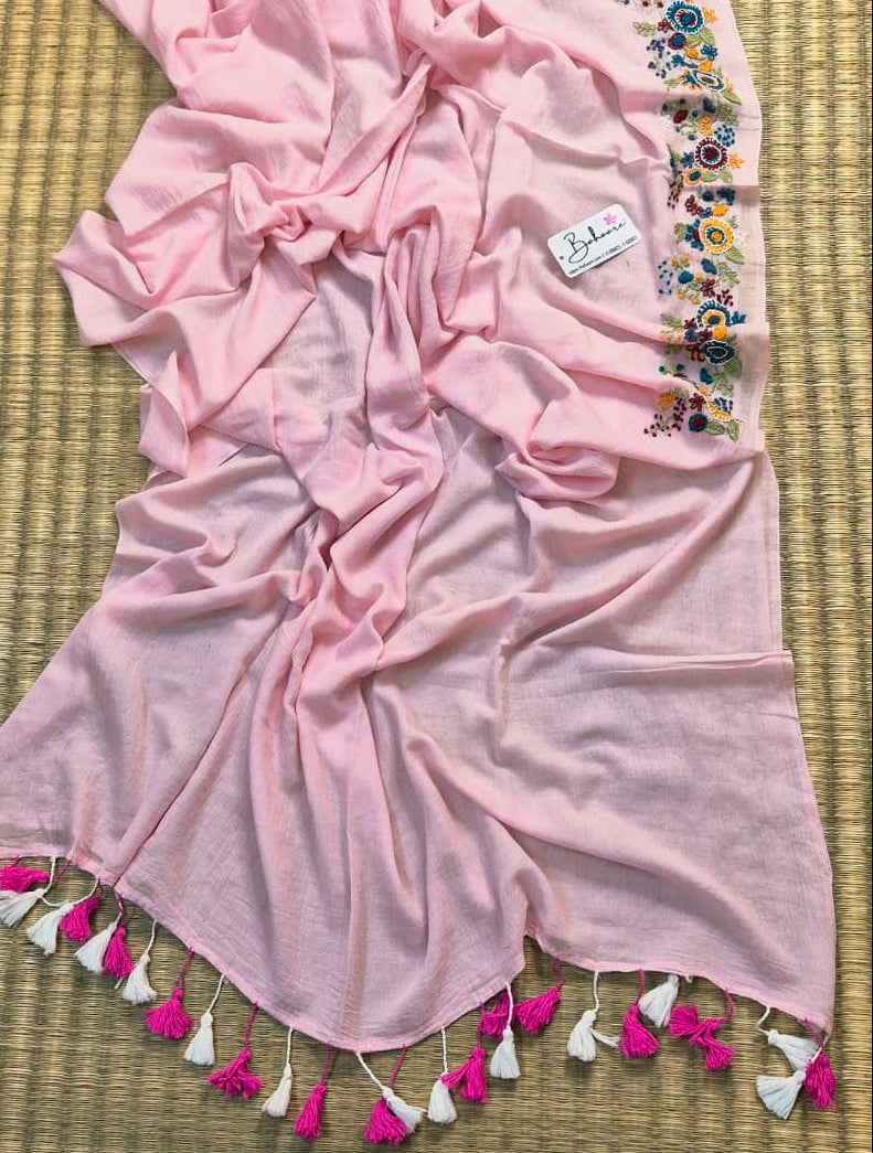 Mohini | Fresh Pink Mul Mul Cotton Saree with Handcrafted Bullion Stich on Front Top Part