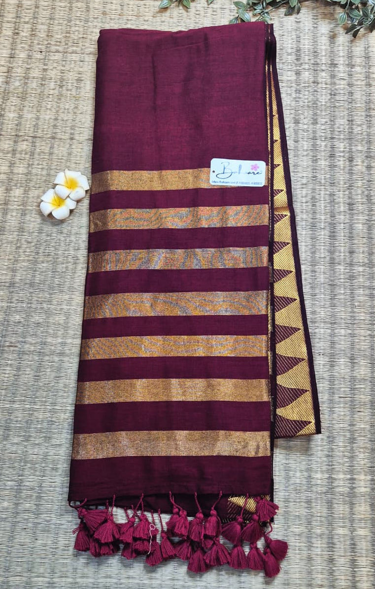 Cotton Galleria | Classic Maroon Handwoven Premium Cotton Saree with Temple Zari Border