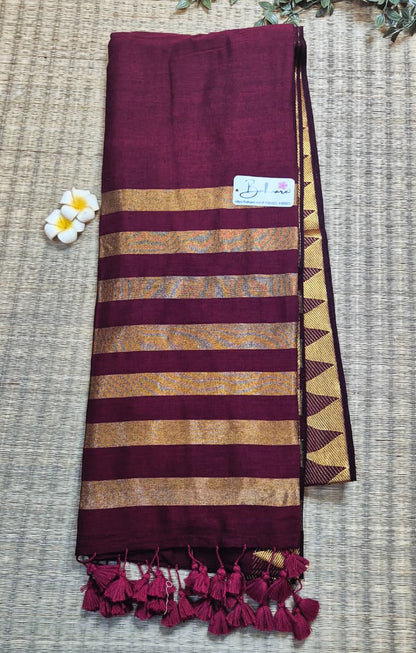 Cotton Galleria | Classic Maroon Handwoven Premium Cotton Saree with Temple Zari Border