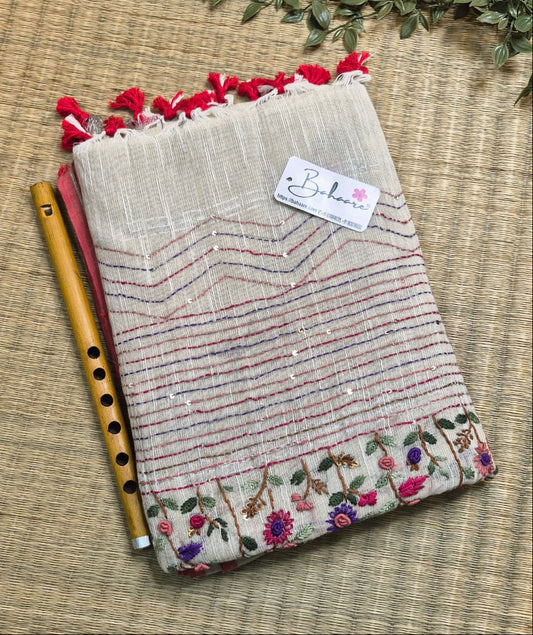 Woodland Whispers | Sandy Beige Linen Saree with Handcrafted Bullion Stich
