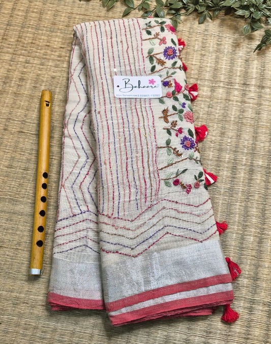 Woodland Whispers | Sandy Beige Linen Saree with Handcrafted Bullion Stich