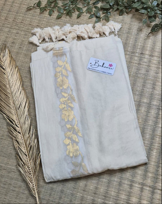 Noor | Ivory Bloom Mul Mul Cotton Saree with Golden Flower Motif