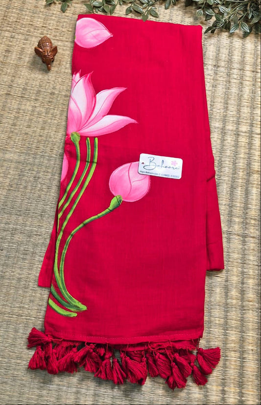 Lotus Luminance | Red Mul Mul Cotton Saree