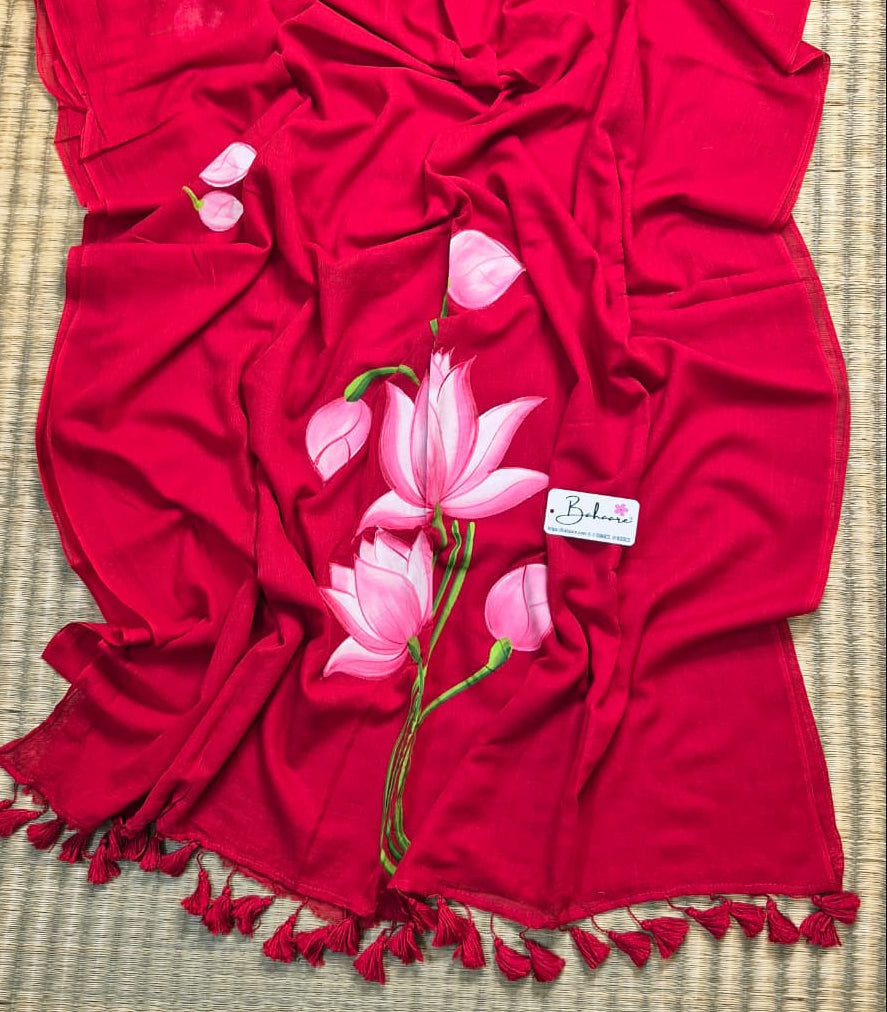 Lotus Luminance | Red Mul Mul Cotton Saree