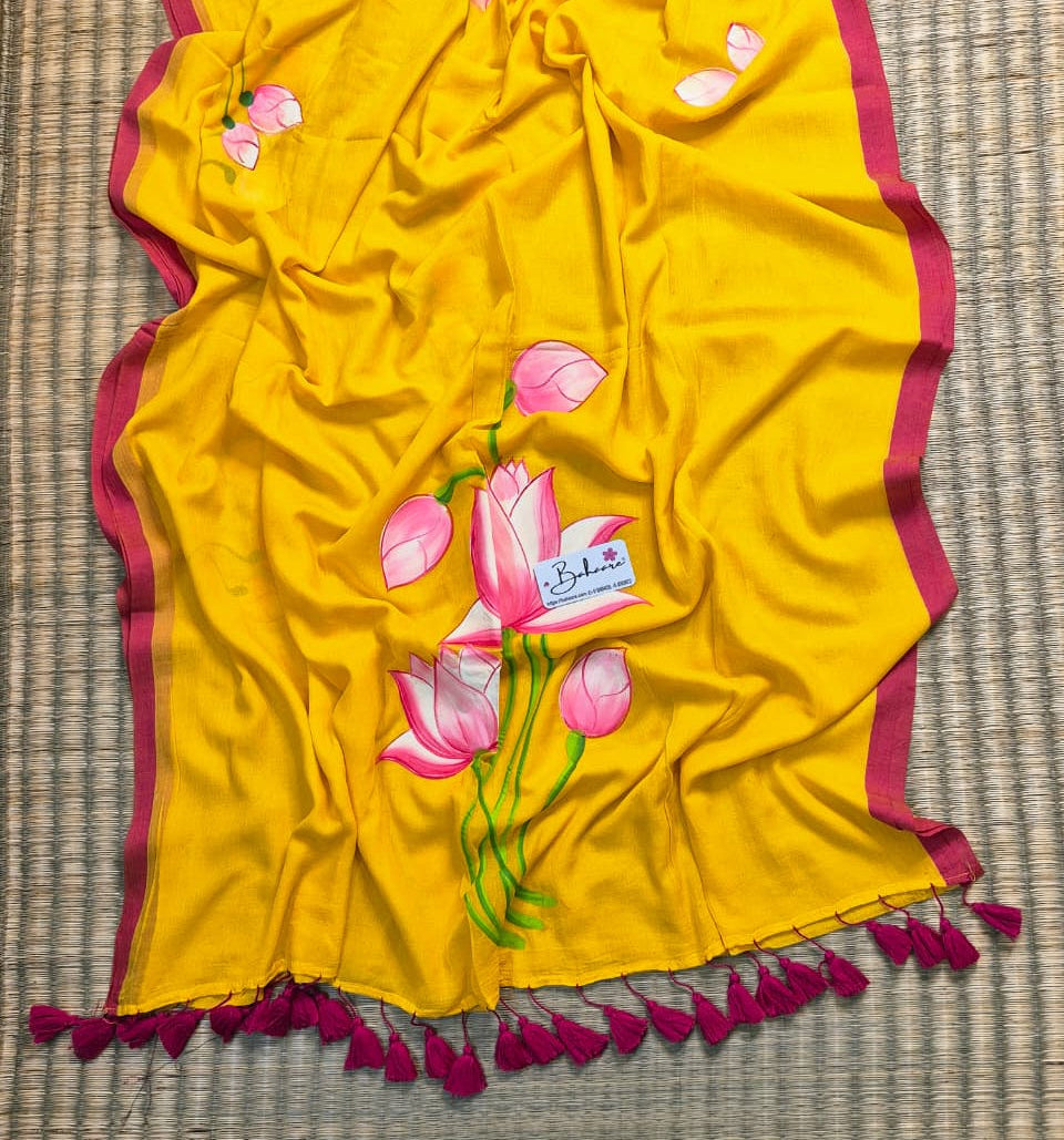 Lotus Luminance | Yellow Mul Mul Cotton Saree