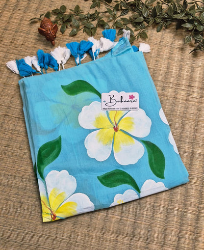 Exotic Hibiscus | Sky Blue Mul Mul Cotton Saree