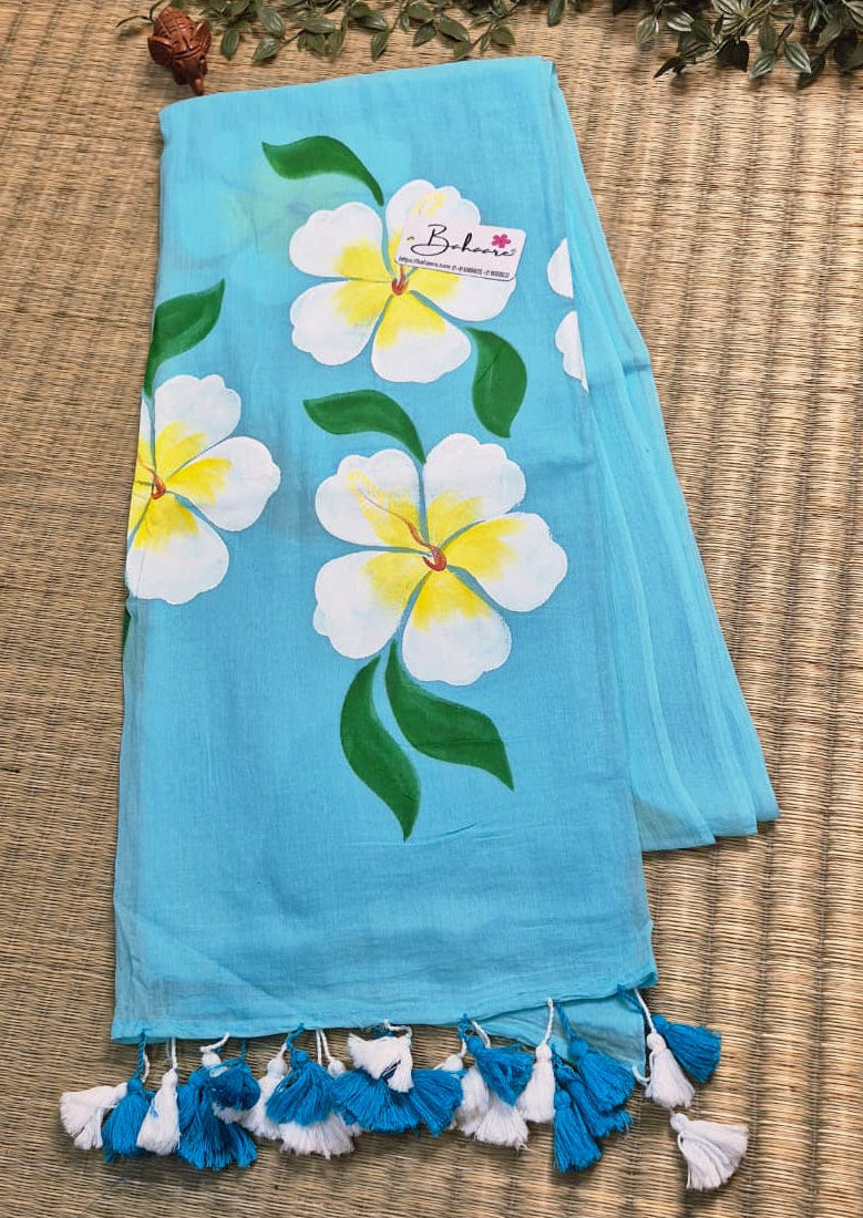 Exotic Hibiscus | Sky Blue Mul Mul Cotton Saree
