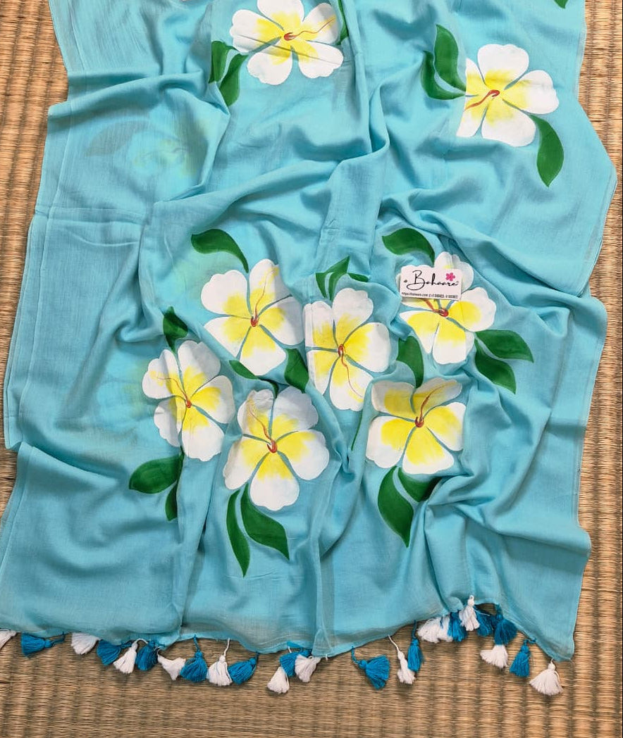 Exotic Hibiscus | Sky Blue Mul Mul Cotton Saree