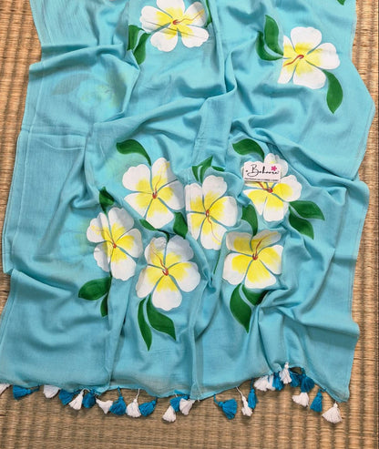 Exotic Hibiscus | Sky Blue Mul Mul Cotton Saree