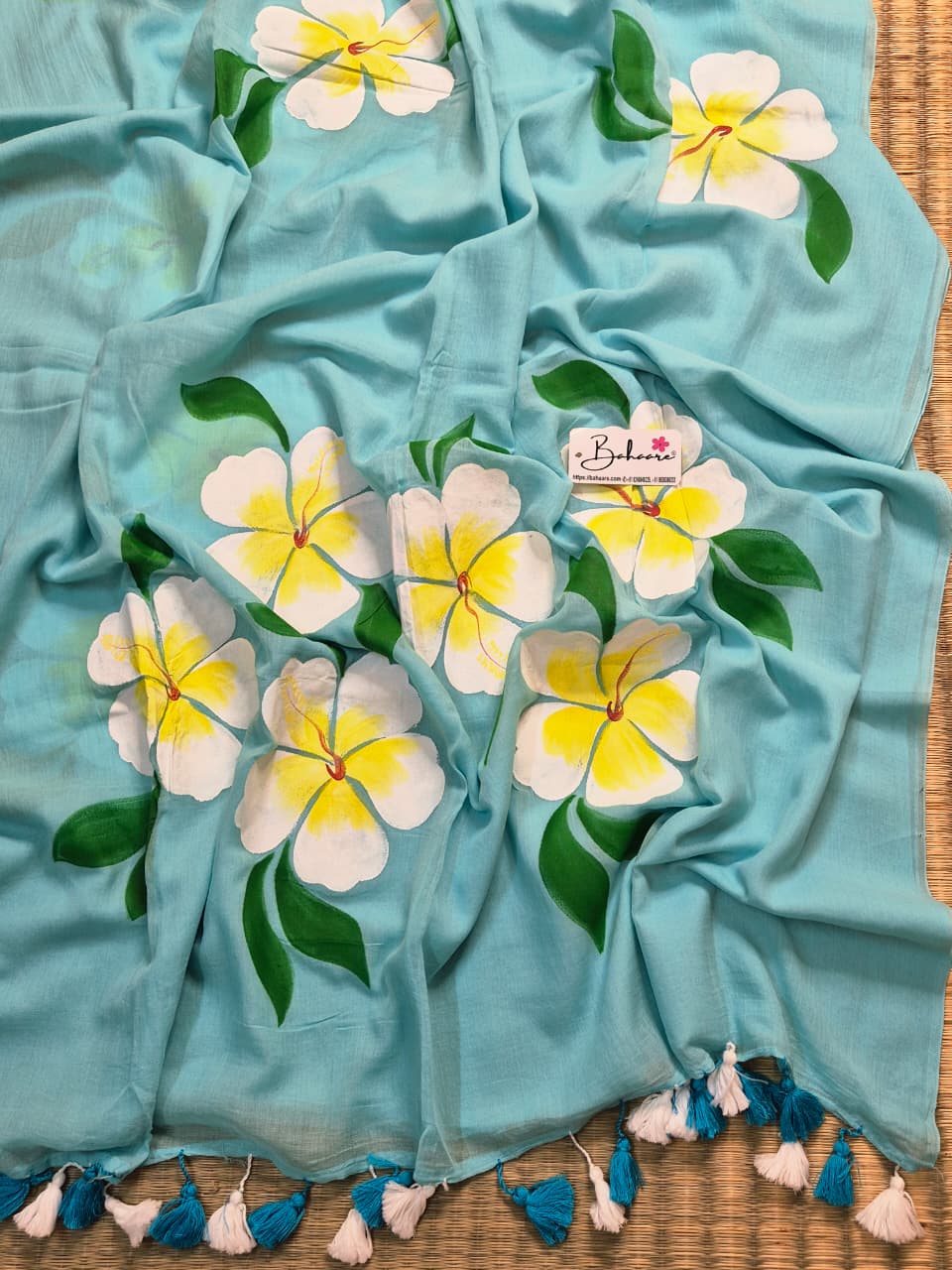 Exotic Hibiscus | Sky Blue Mul Mul Cotton Saree