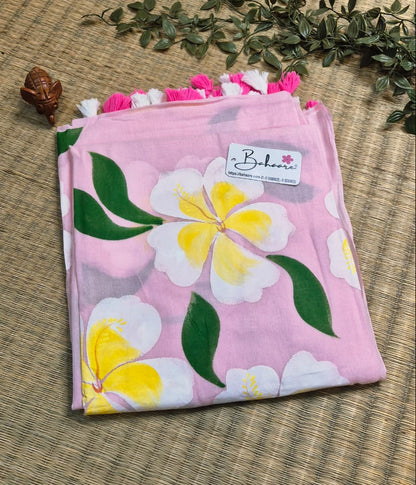 Exotic Hibiscus | Pink Mul Mul Cotton Saree