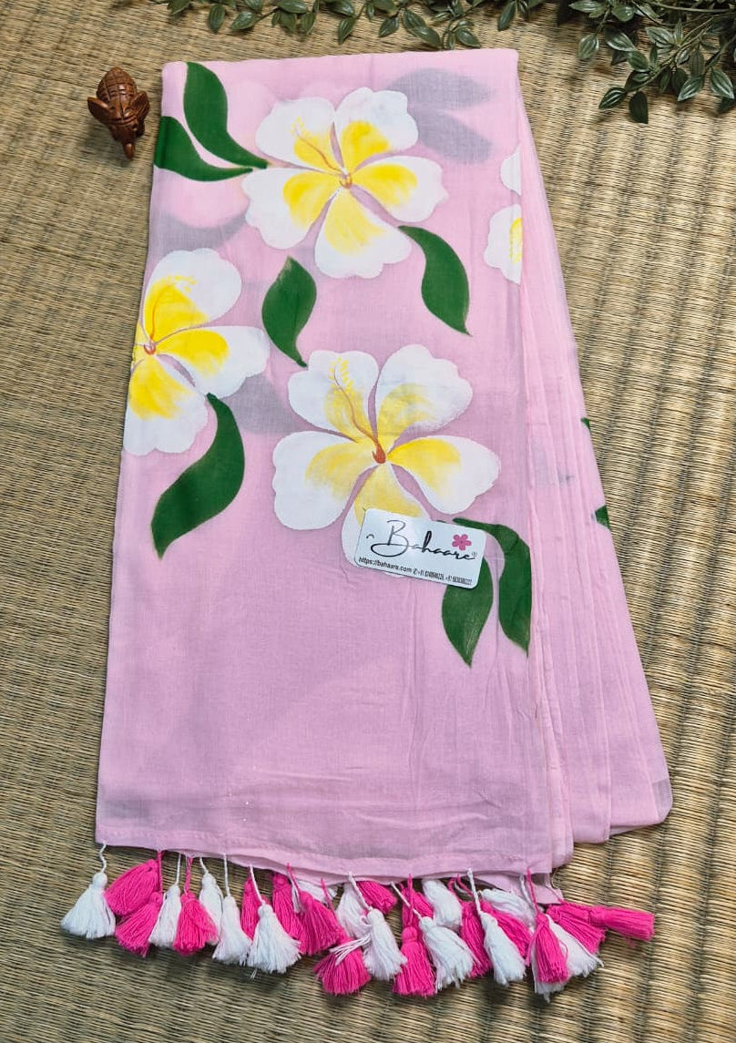 Exotic Hibiscus | Pink Mul Mul Cotton Saree